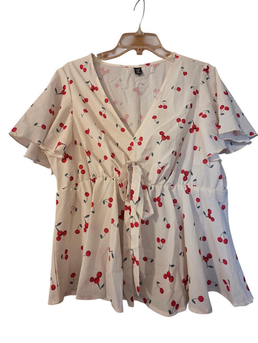 Shein Curve White /Red Cherry Print  Top Cottagecore Whimsical Plus Size 2X